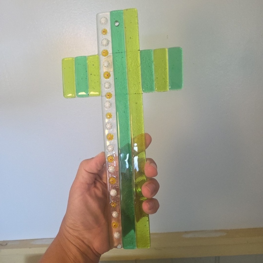 Fused Green Glass Cross Window Hanging Sun Catcher With Millefiori Flowers